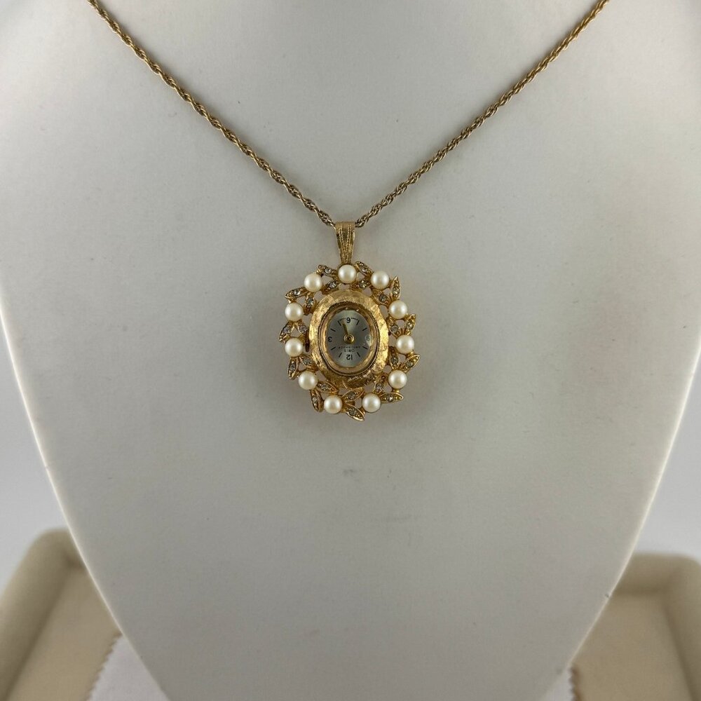 Vintage Oris Pendant Watch Gold with Cultured Pearls and Rhinestones - Picture 2 of 6